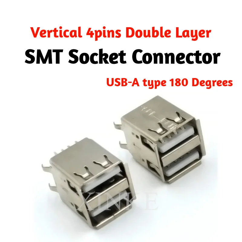 1PCS USB-2A-02A A type connector female seat 180 degree bending foot Double-layer usb socket