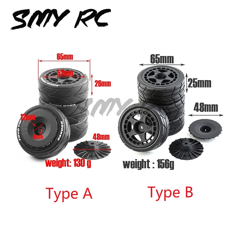 4 Uds 65mm neumático de goma rueda 12mm hexagonal para Tamiya TT01 TT01E TT02 TT02B XV01 TA06 PTG-2 1/10 RC piezas de actualización de coche de