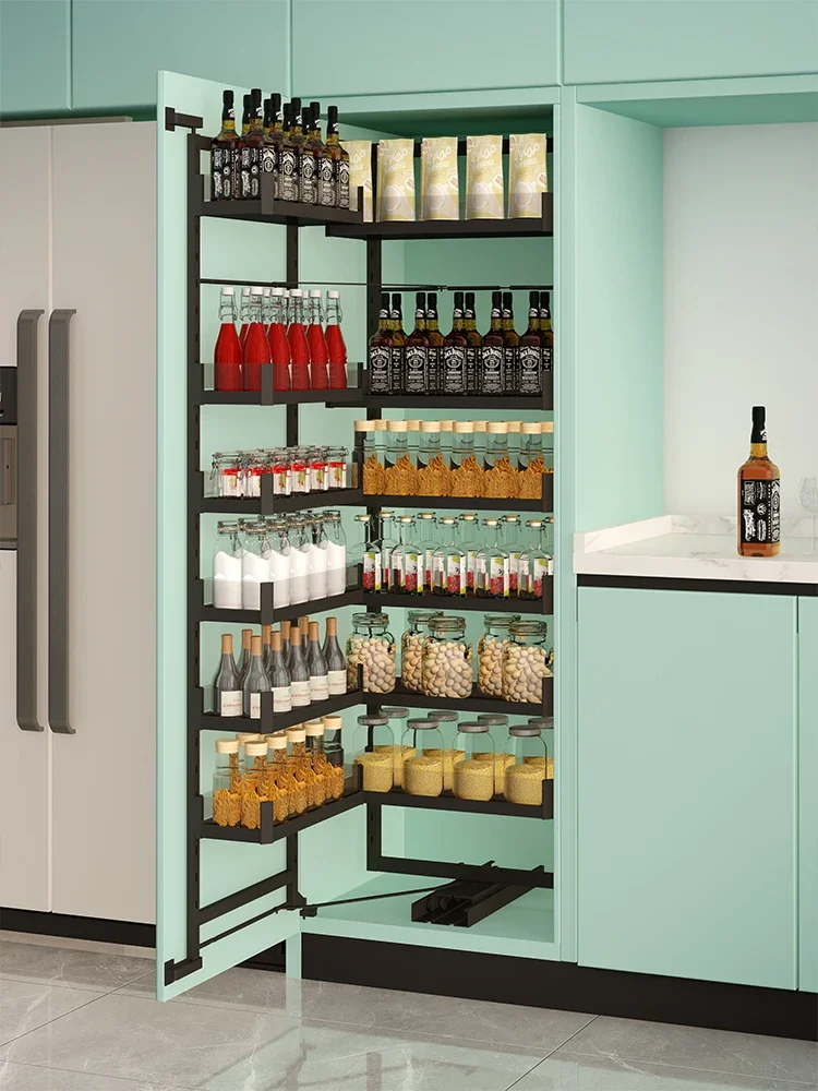 

High cabinet kitchen cabinet open door, deep meal side seasoning snack cabinet storage linkage pull basket