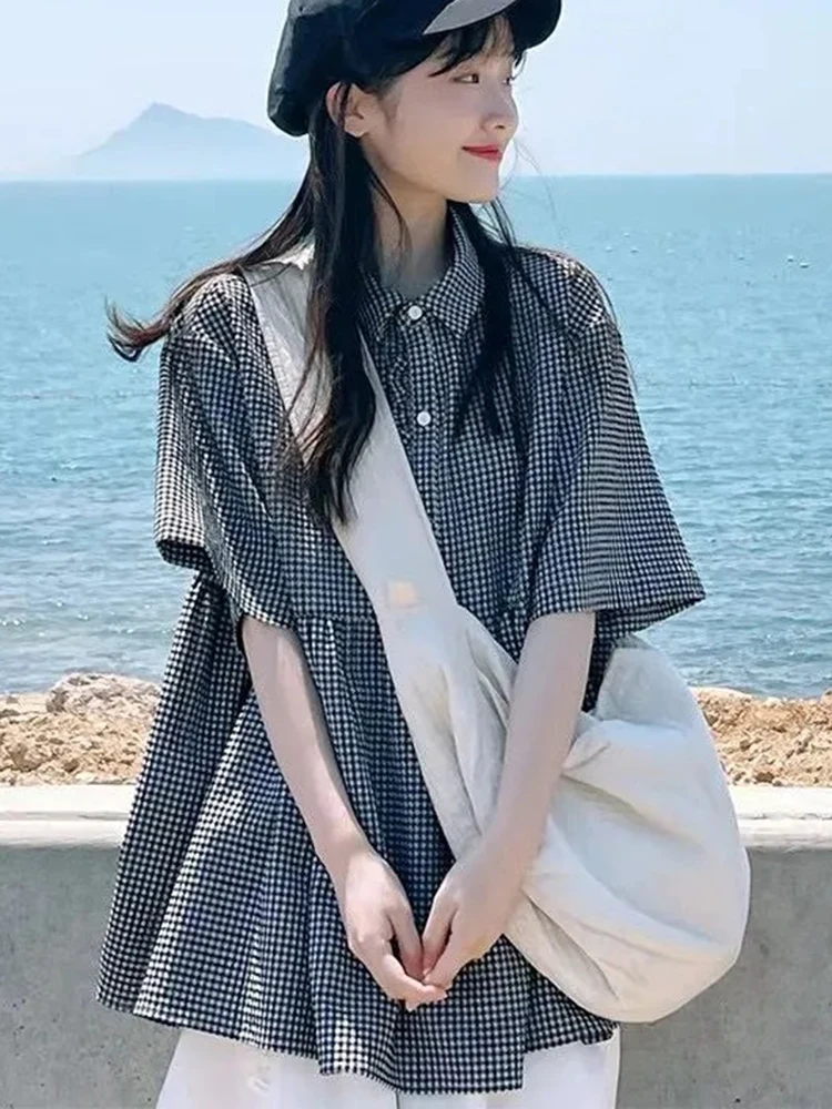 

Japanese Vintage Plaid Shirt Women Summer Korean Doll Top Loose Blouse Streetwear Retro Casual Button Female All Match Tops