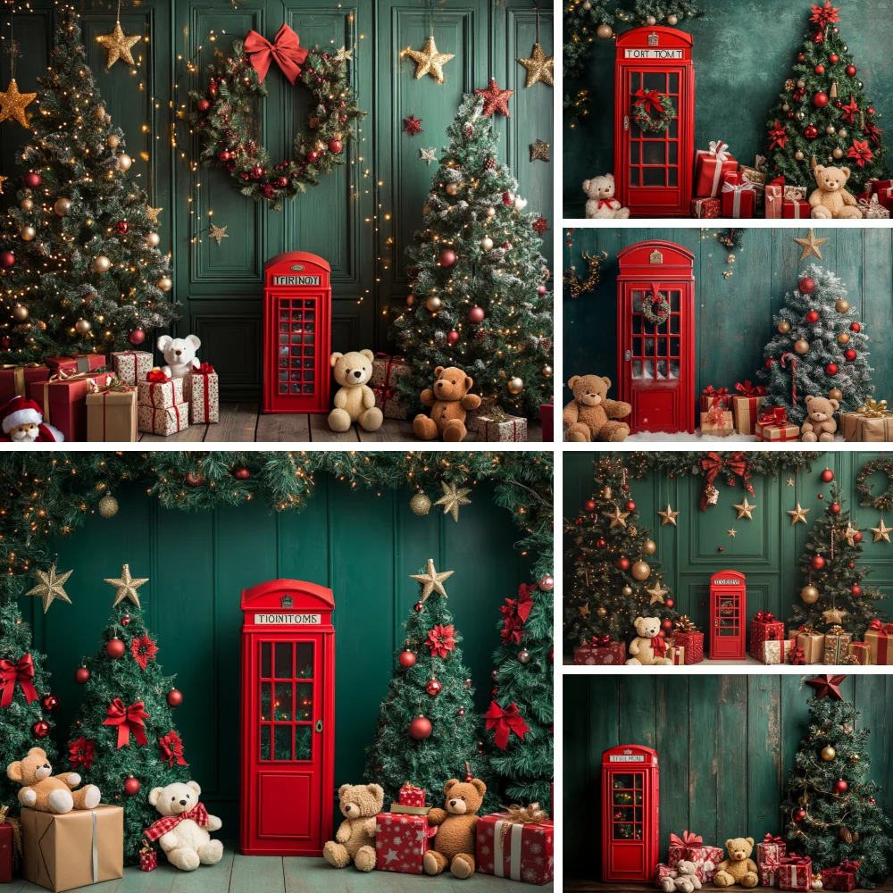 

Christmas Backdrop Festive Decor Tree Bear Red Phone Booth Merry Xmas Photo Booth Background for Family Portraits Parties