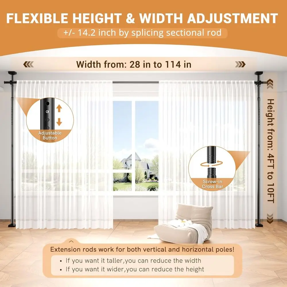 Room Divider Curtain Rod, No Drilling Wall Divider, Adjustable 4-10ft (H) 28-114in (W) Heavy Duty Temporary Wall Divider Floor t