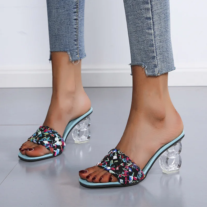 

2022 New Sandals Women Shoes Summer Crystal High Heels Ladies Casual Slippers Woman Fashion Sexy Mules Shoes Female Promotion