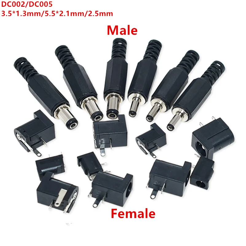 10Pcs DC-002 DC-005 3.5*1.3mm 5.5*2.1mm/2.5mm Black DC Power Jack Socket Connector DC002 DC005 Male/Female Socket DC Male Plug