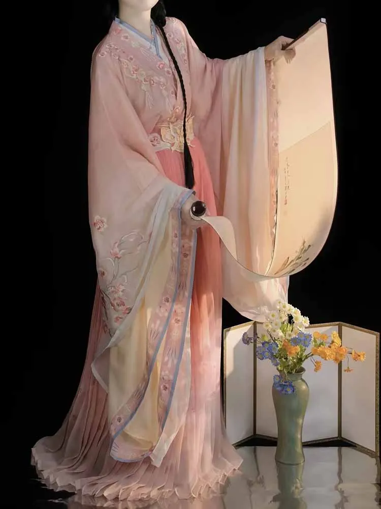

Chinese Hanfu Dress Women Stage Performances Cosplay Costume Party Outfit Tang Dynasty Hanfu Gradient Pink Blue Dress Tang Suit