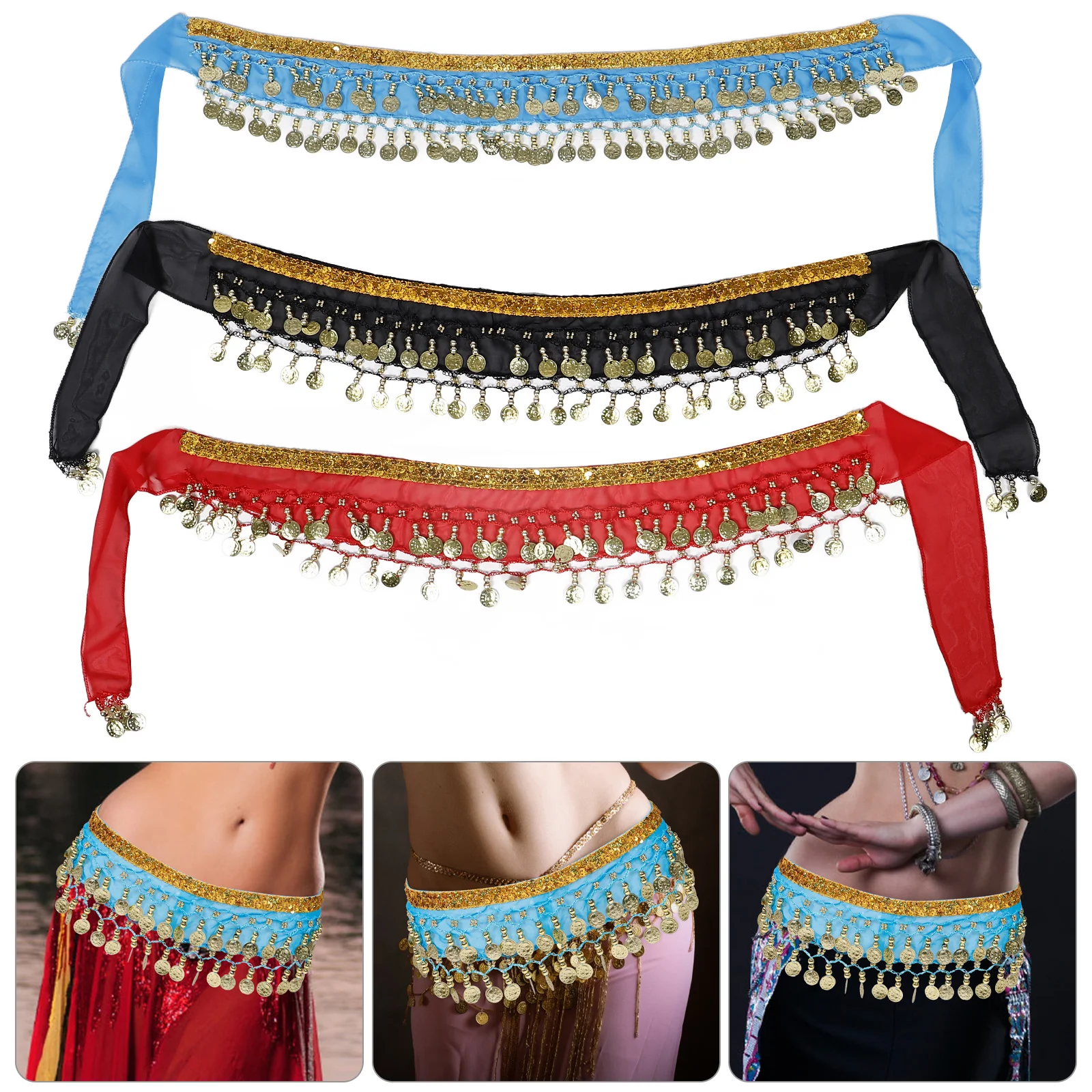 

3Pcs Hip Scarf for Belly Dancer Coin Embellished Waist Chain Fringe Short Skirt Dance Performance Costume Decoration