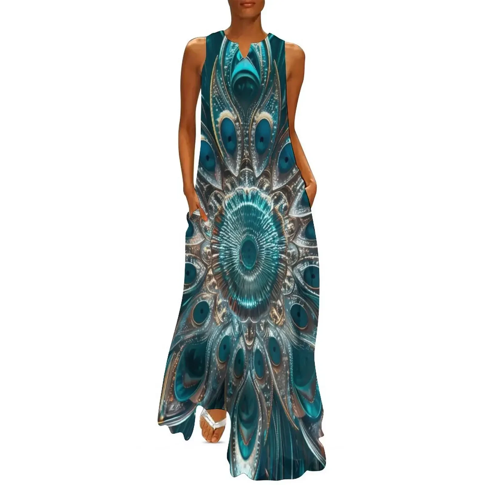 

Turquoise and gold peacock feather mandala Long Dress dresses for prom Long dress loose women's dress luxury