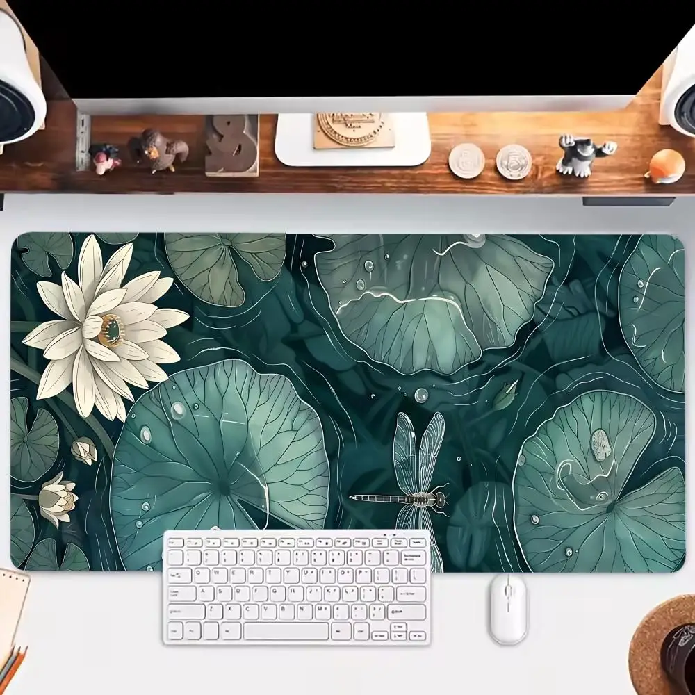 

Зеленый коврик для мыши с листьями лотоса, большие игровые коврики для мыши, нескользящие аксессуары для ноутбука, офиса, коврик для планшета, аксессуар для ПК, стола, эстетический