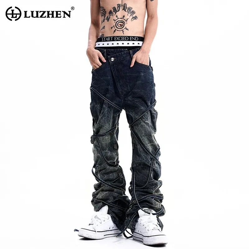 LUZHEN 2026 New Original Personalized Ribbon Cross Decorate Slim Jeans Men's Fashion Handsome Streetwear Male Denim Pants JY9074