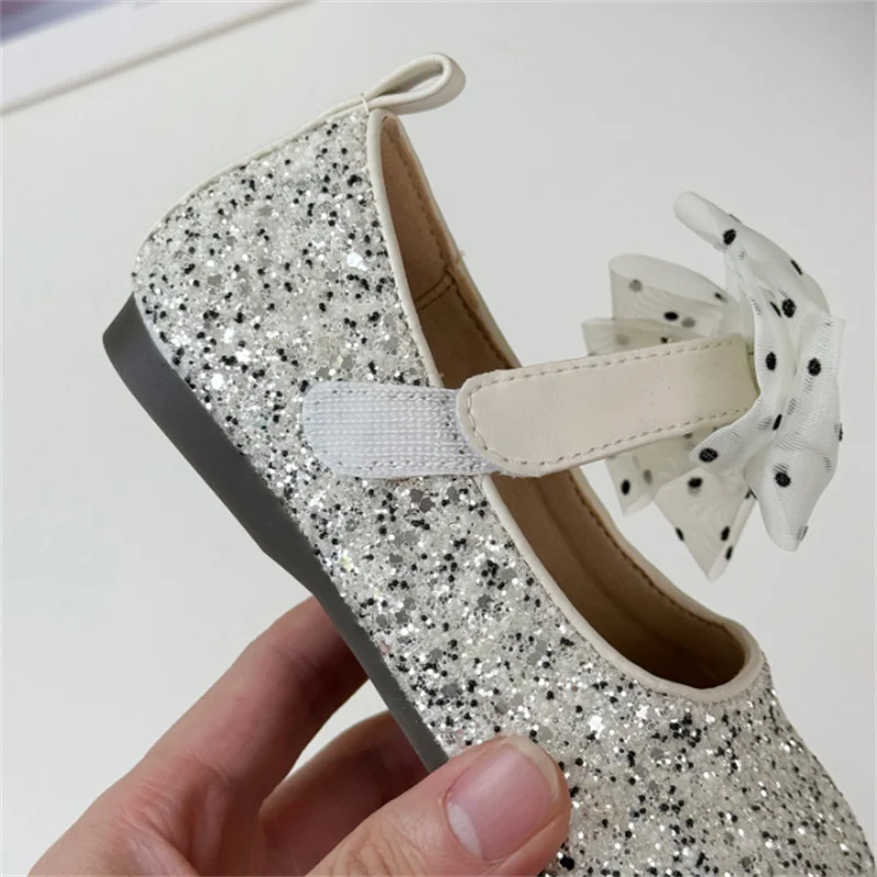 2025 New Spring Kids Shoes For Girls Bling Bling Cute Butterfly-knot Polka Dot Princess Shoes Soft Sole Fashion Children Shoes