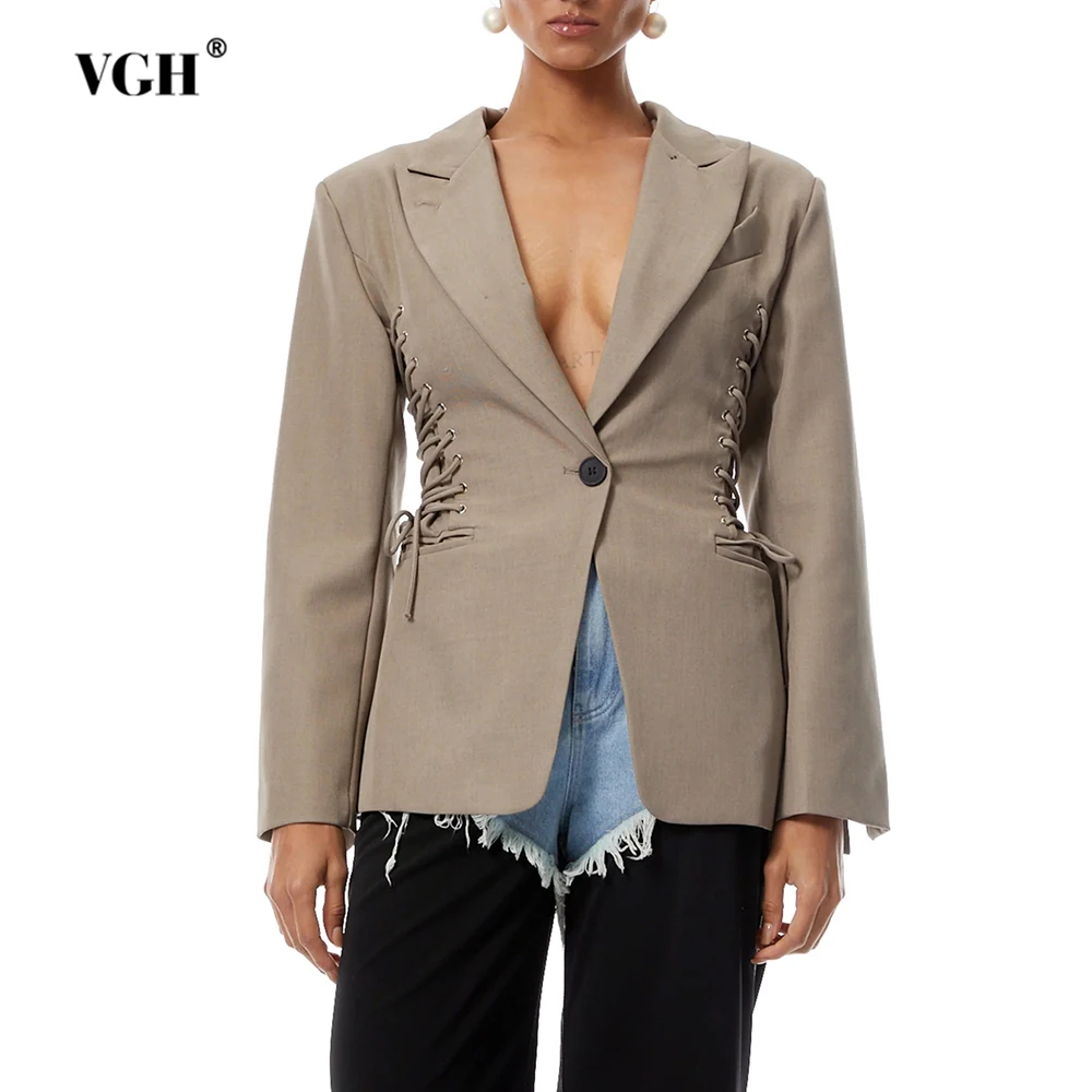 VGH elegante chaqueta de diseñador con cordones laterales para mujer, cuello con muescas, manga larga, retazos, un solo botón, chaquetas de calle adelgazantes