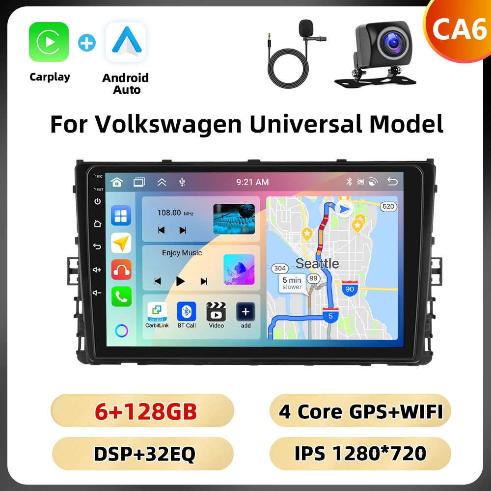 Podofo 9 '' Qualcomm Autoradio Voor Volkswagen Lavida Plus 2023/Polo 2017-2021/Transporter 2015-2019 Carplay Android Auto WIFI 4G