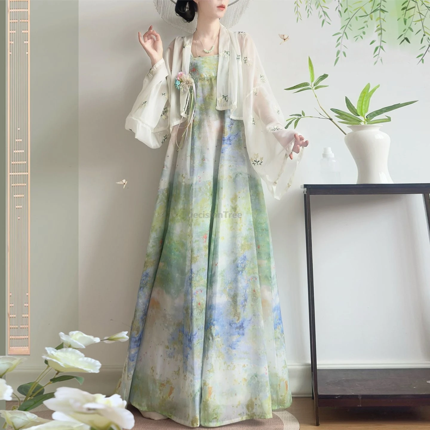 

Improved Women Famen Temple Robe-Style Chinese Element National Style Sling Dress Hanfu Set Summer Elegant Cosplay Costume Hanfu