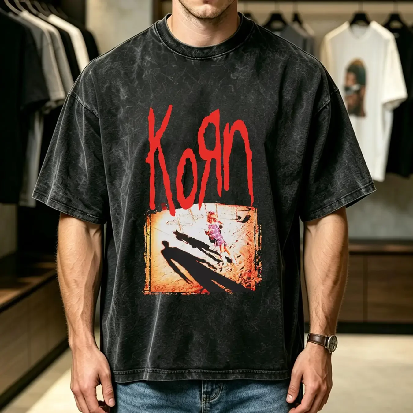 washed T Shirt Official KORN 'KORN' Black Mens Classic Rock Metal Band Nu vintage Washed Stylish Soft Casual