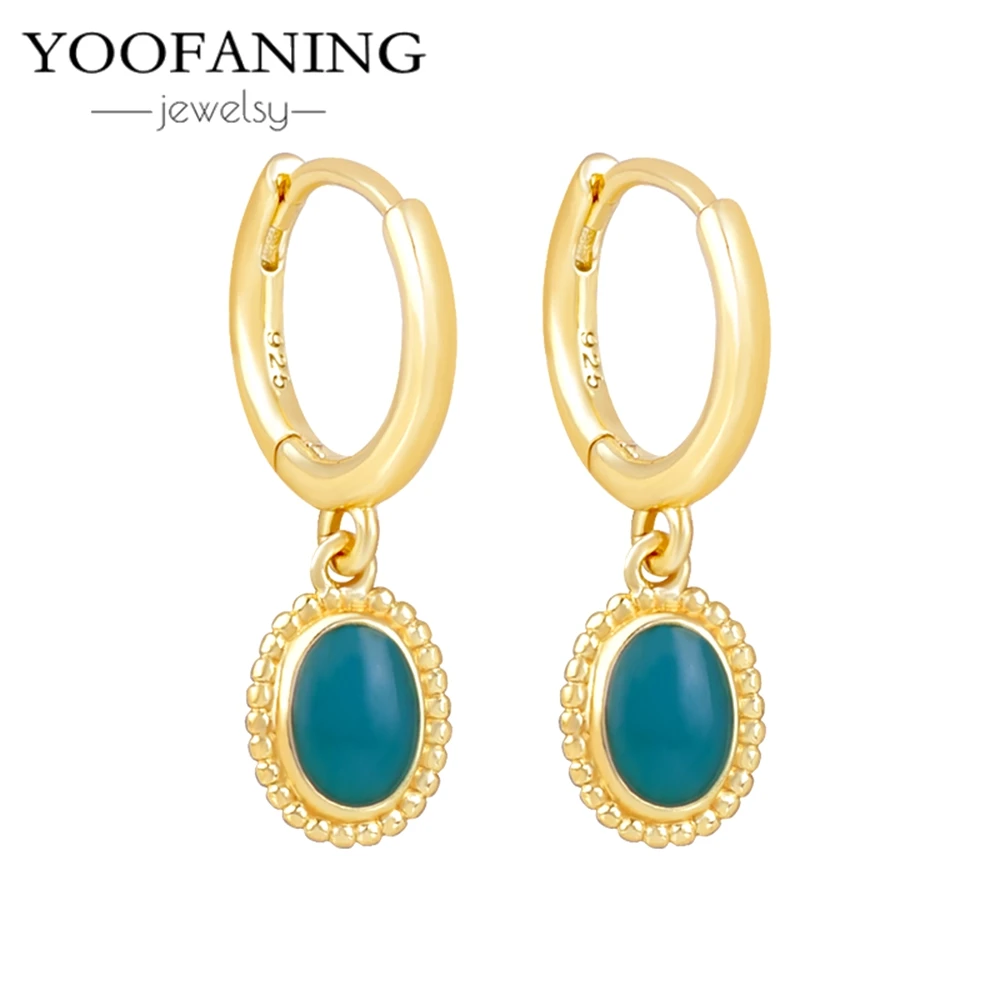 YOOFANING 925 Sterling Silver Ear Needle High-end Elegant Blue-green Drop Glue Oval Pendant Earring Retro Men's/women's Jewelry