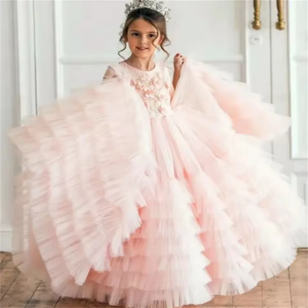 Flower Girl Dress Princess Ball Pink Angel Sleeveless Tulle Lace Layered First Communion Dresses Kids Surprise Birthday