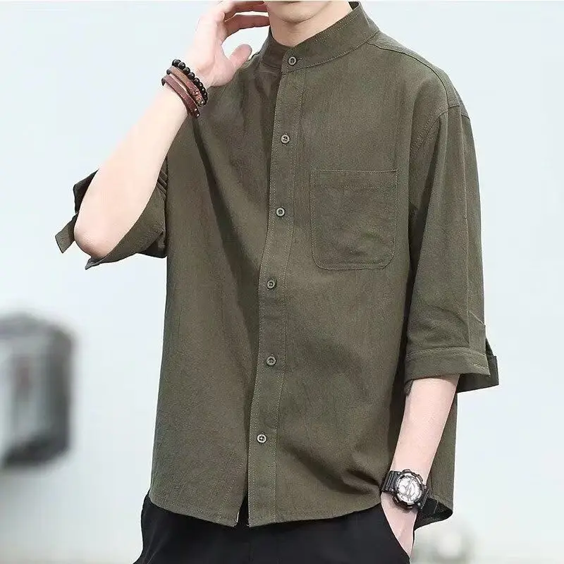 Simplicity Fashion Solid Color Single-breasted Men\'s Shirt Casual Loose Three Quarter Sleeve Stand Collar Shirt Male Clothes