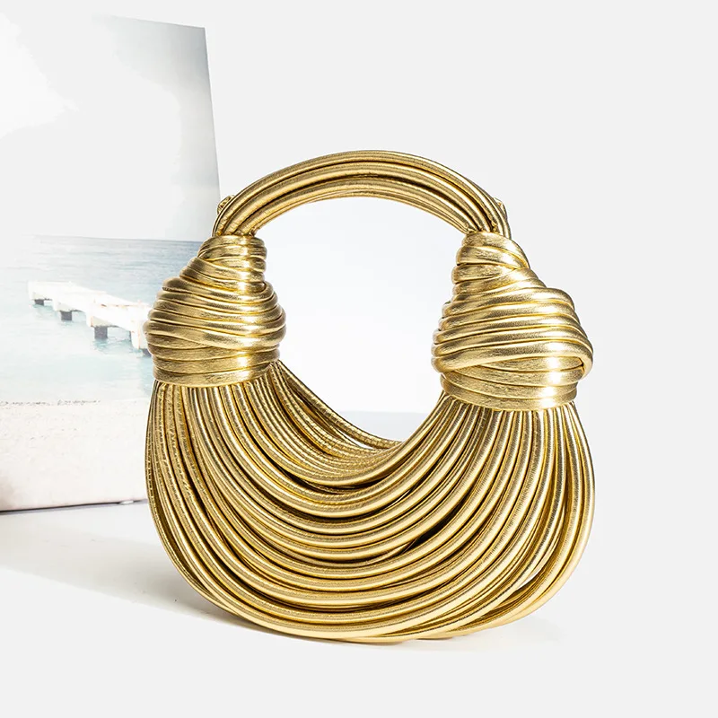 

New Woven Noodle Line Bag Gold Handle Crossbody Indie Casual Women's Purse Premium Braided Design Multi-functional Statement Bag