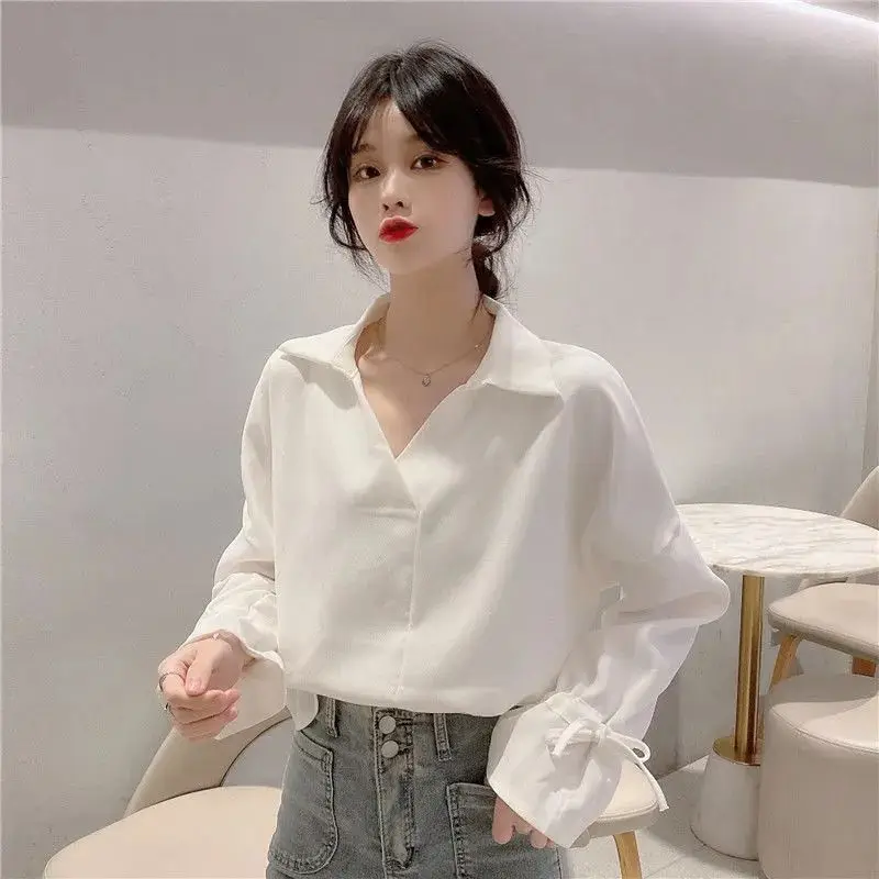 Fashion Lapel Spliced Shirring Flare Sleeve Blouses Women Clothing 2023 Autumn Winter Solid Color Casual Tops Commuter Shirts