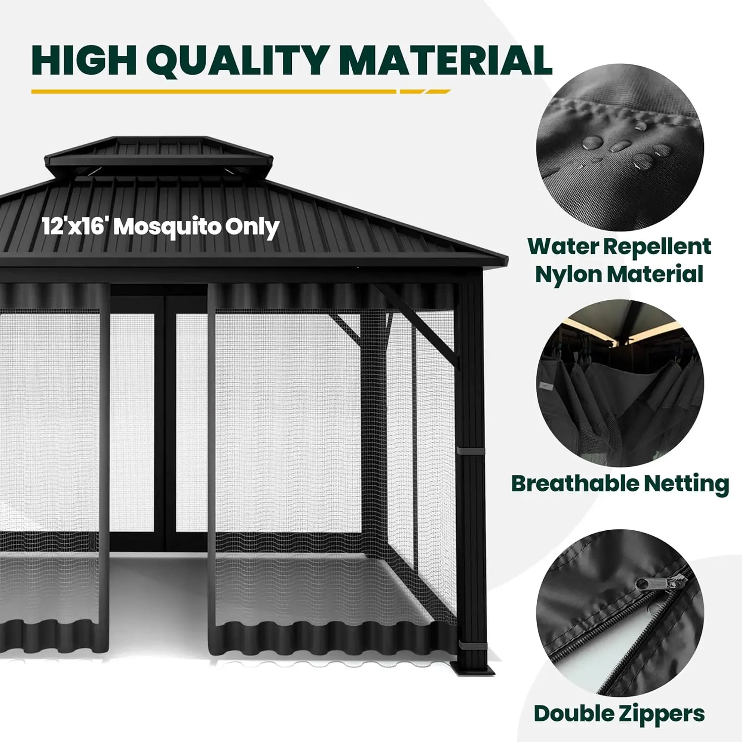 

Universal Replacement Mosquito Netting, 12' x 16' Outdoor Canopy Net Screen 4-Panel Sidewall Curtain, 12x16 Canopy, Black