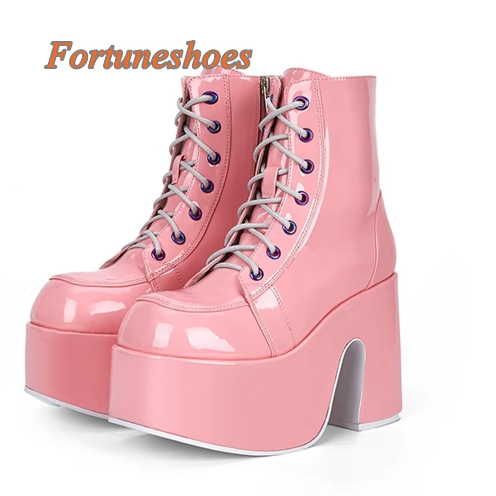 

Cross Tied Solid Pink Boots Platform Mid Calf Side Zipper Round Toe Chunky High Heel Boots Casual Fashion 2025 Newest Boots