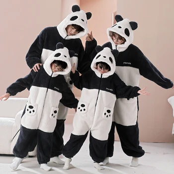 Tenue Parent-enfant Pijamas combinaisons Kawaii dessin animé Panda femmes hommes vêtements de nuit à capuche hiver épaissir Pyjamas Onesie Pyjamas