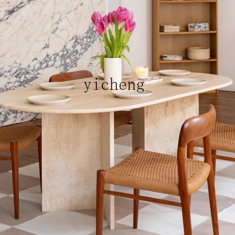 ZZ modern minimalist wabi-sabi wind travertine oval dining table light luxury high-end marble table