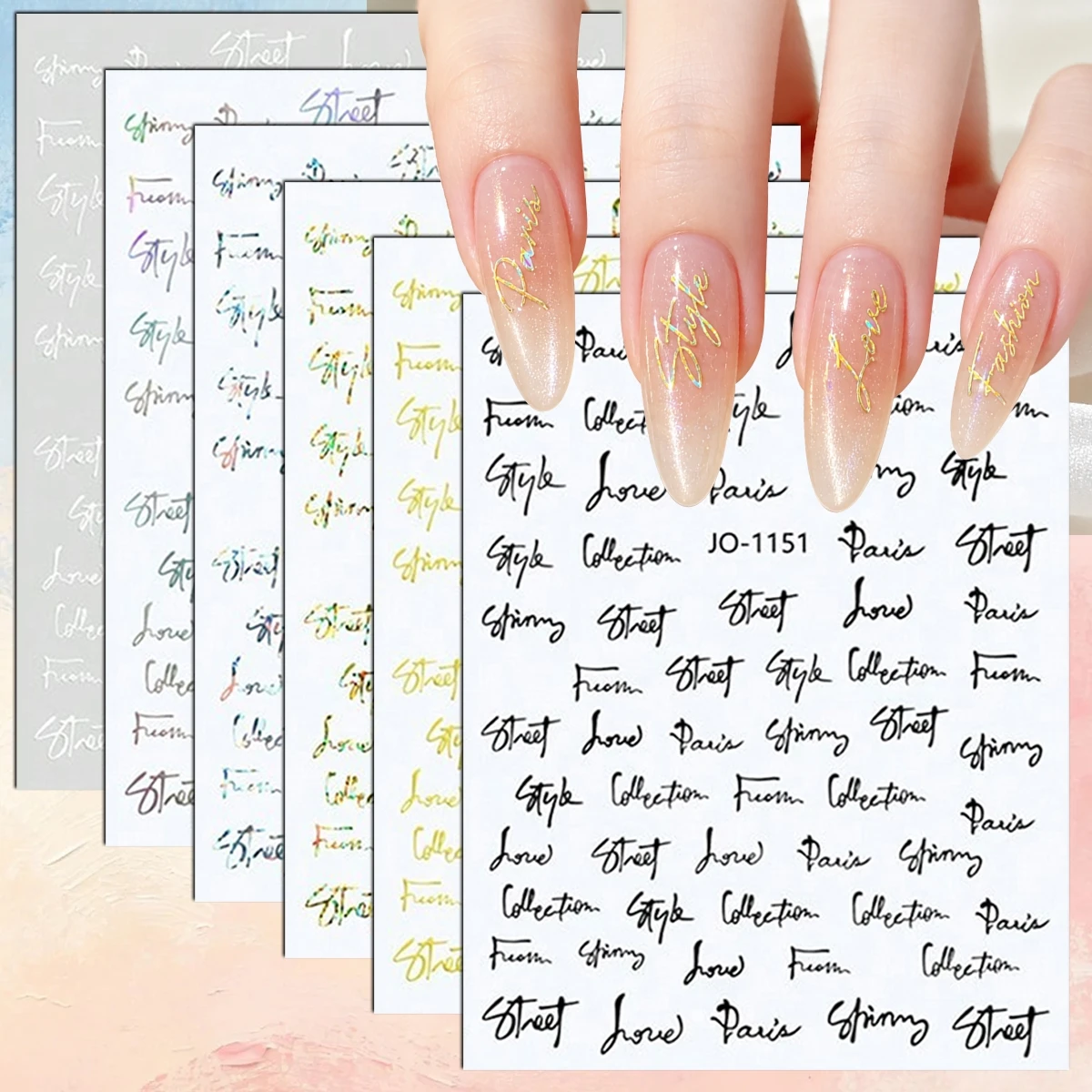 3 to 12 Sheets 3D English Letter Words Gold Black White Holographic Cursive Script Self-Adhesive Nail Art Stickers