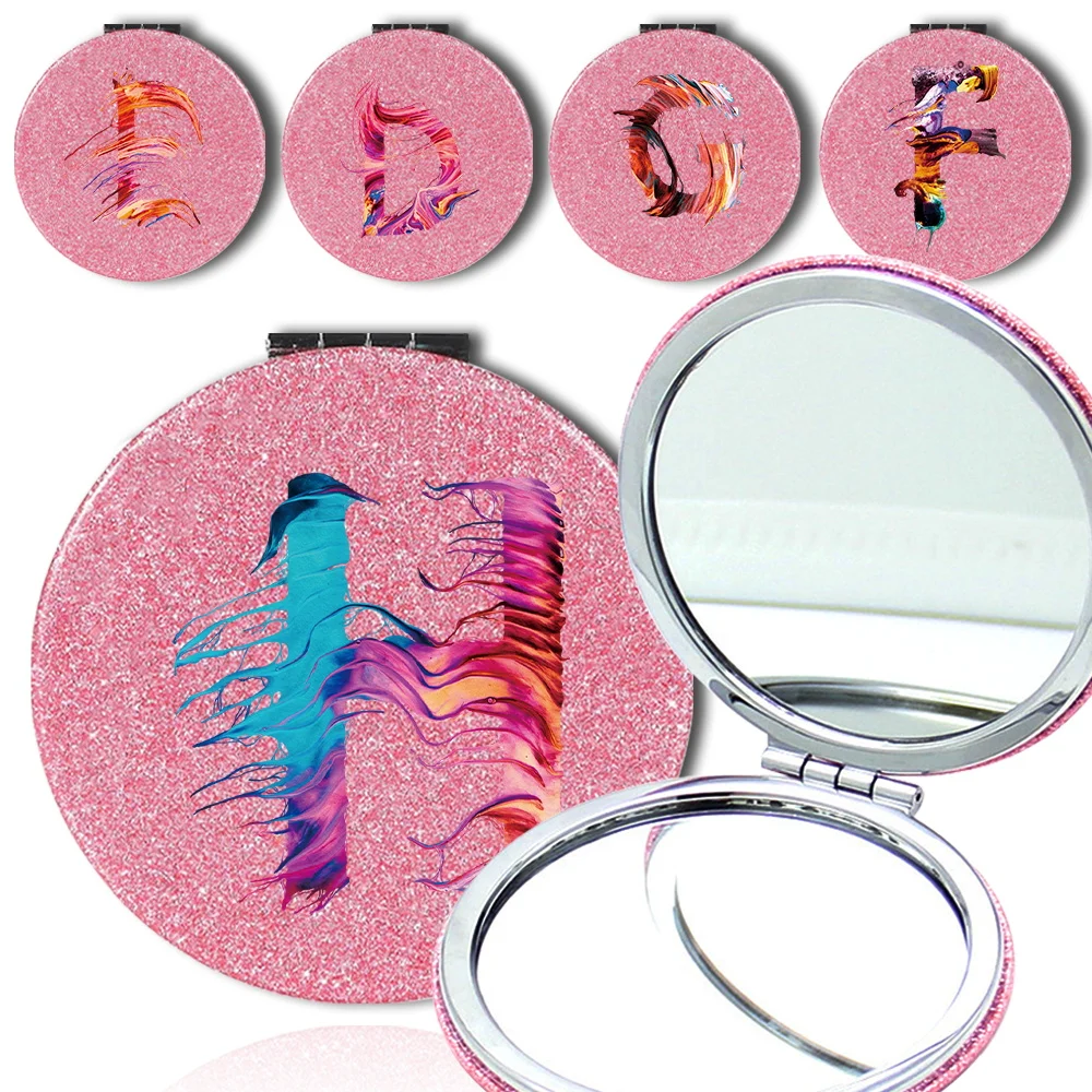 

Portable Shiny Double-Sided PU Cosmetic Mirror Folding Makeup Mirror Pocket Magnify Galss Beauty Tool Daily Paint Letter Pattern