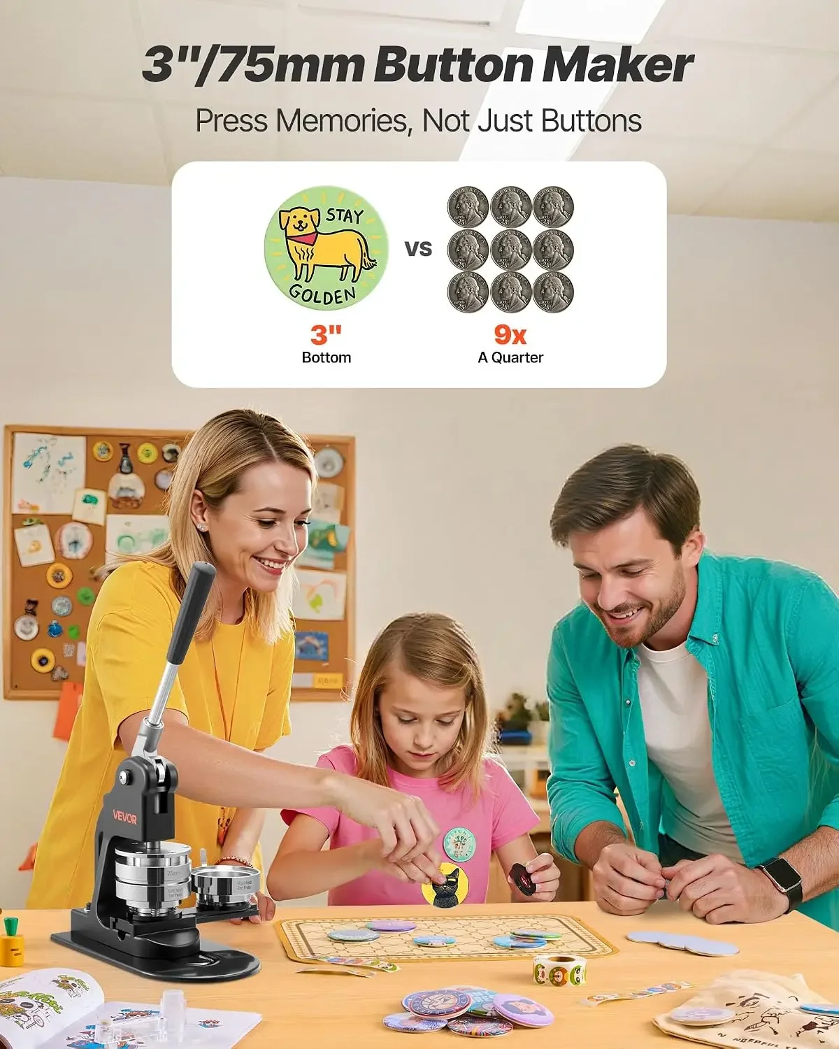 Button Maker Machine, 3in/75mm Pin Maker with 500pcs Button Parts, Circle Cutter, Hex Wrenches and Magic Book, Ergonomic Handle,