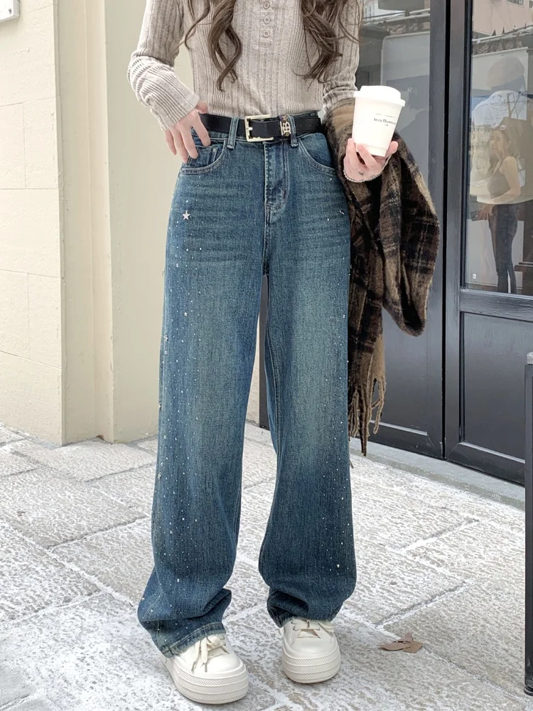 2024 Hosen Y2K Mode Hot Fix Strass Baggy Jeans Hosen Für Frauen Designer Kleidung Casual Dame Denim Hosen Ropa De Mujer