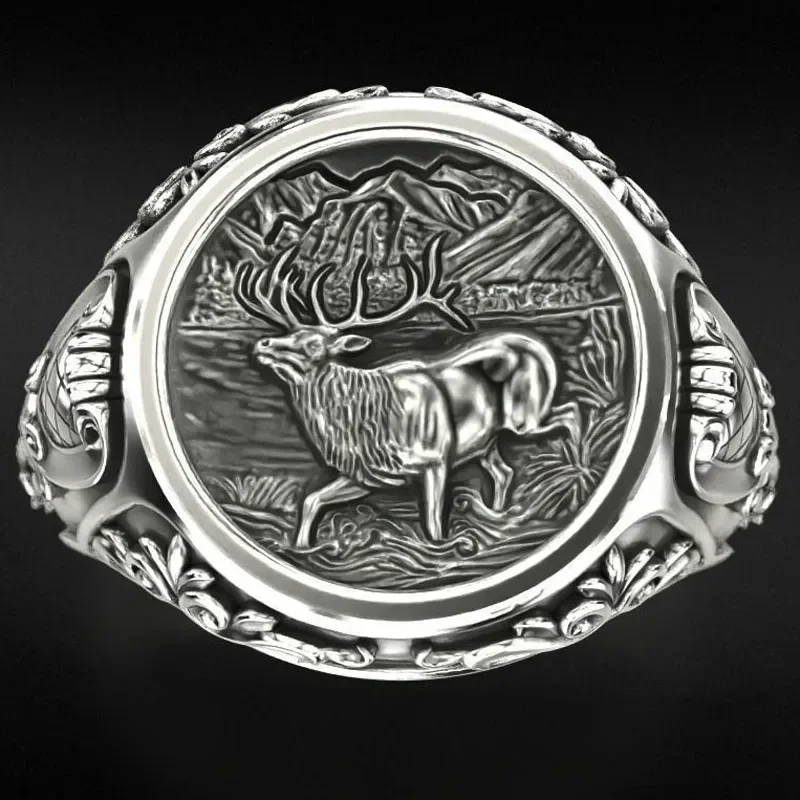 

14g Antique Patterned Ring With Deer Art Relief Gold Rings Customized 925 Solid Sterling Silver Rings Many Sizes 6-10