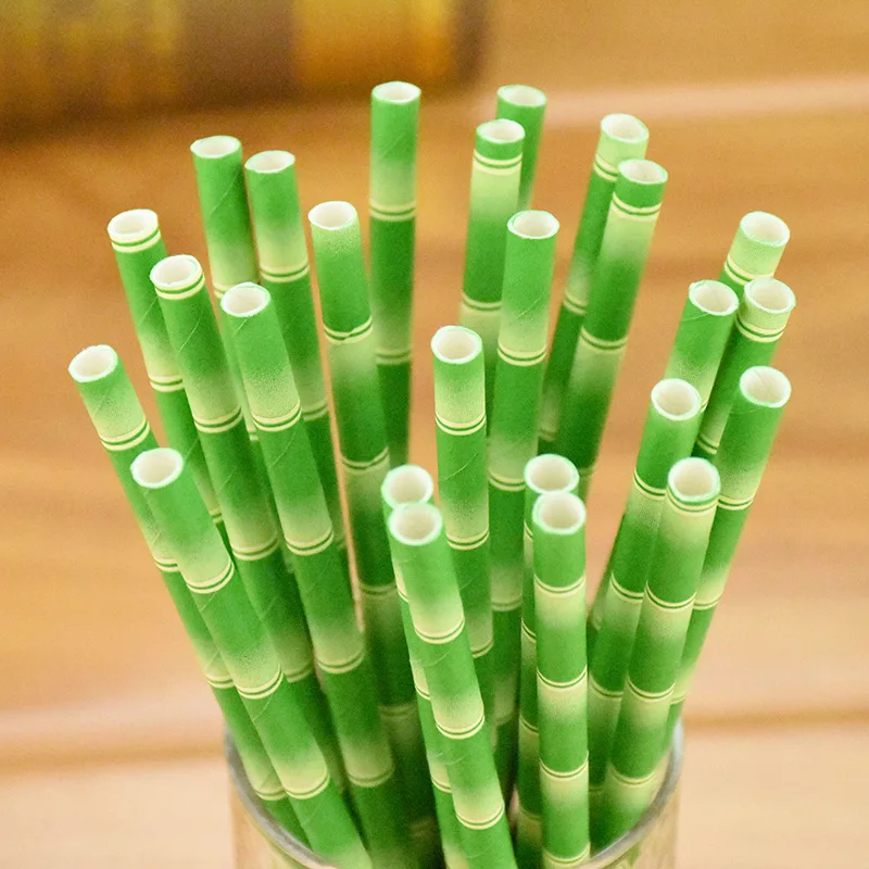 25pcs/lot Green Bamboo Paper Straws Happy Birthday Wedding Decorative Event Tropical Party Supplies Drinking Straw
