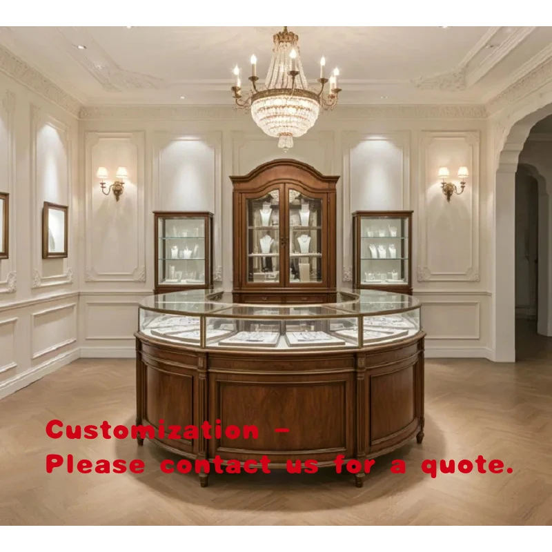

custom.Vintage Solid Wood Curved Island Jewelry Display Counter LED Lighting | Walnut Wood Carved Details | Glass Showcase Retai