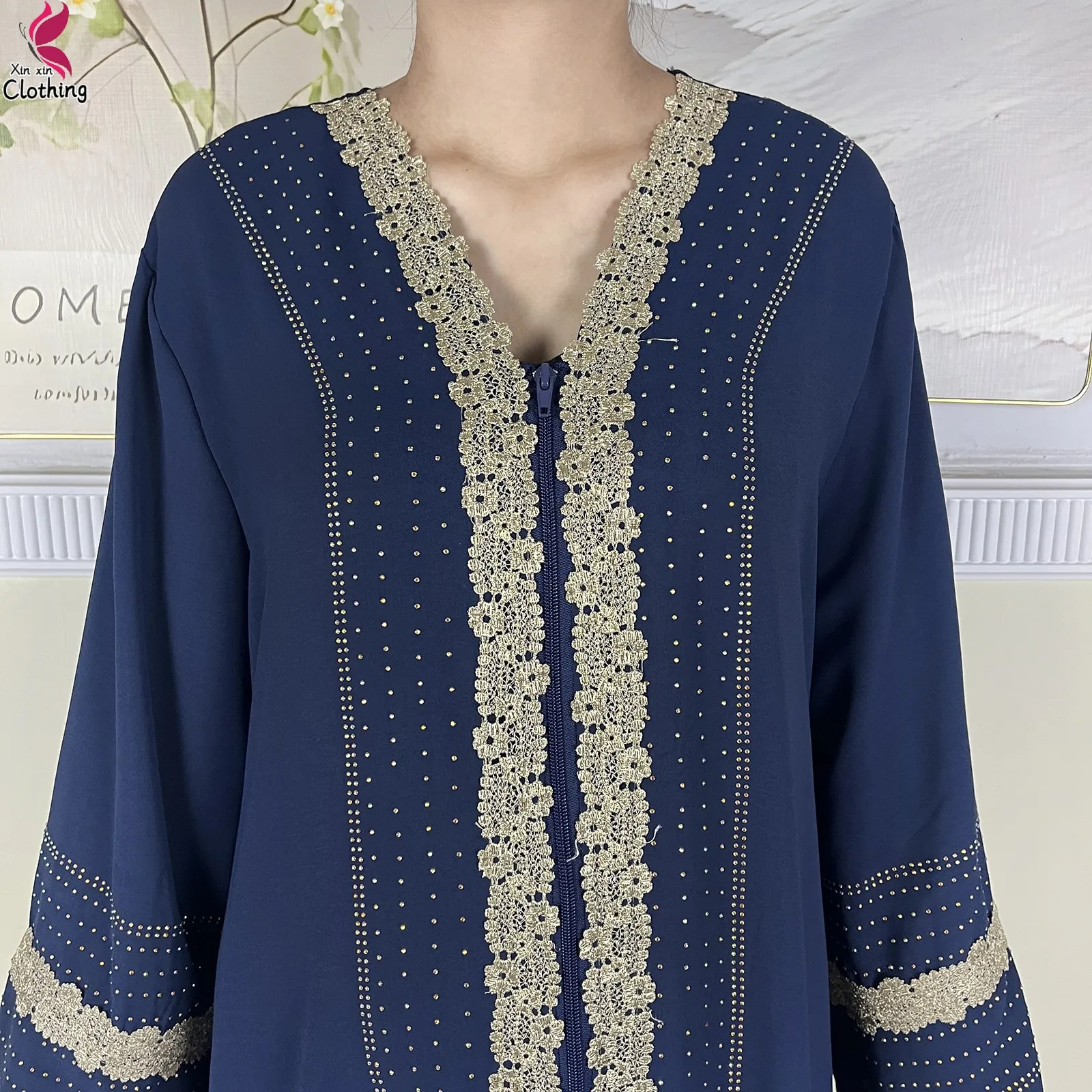New Style Dubai Women Elegant Dress Embroidery Chiffon Open Abaya with Zipper Islamic Lady Long Dress Abaya Women Muslim Dress