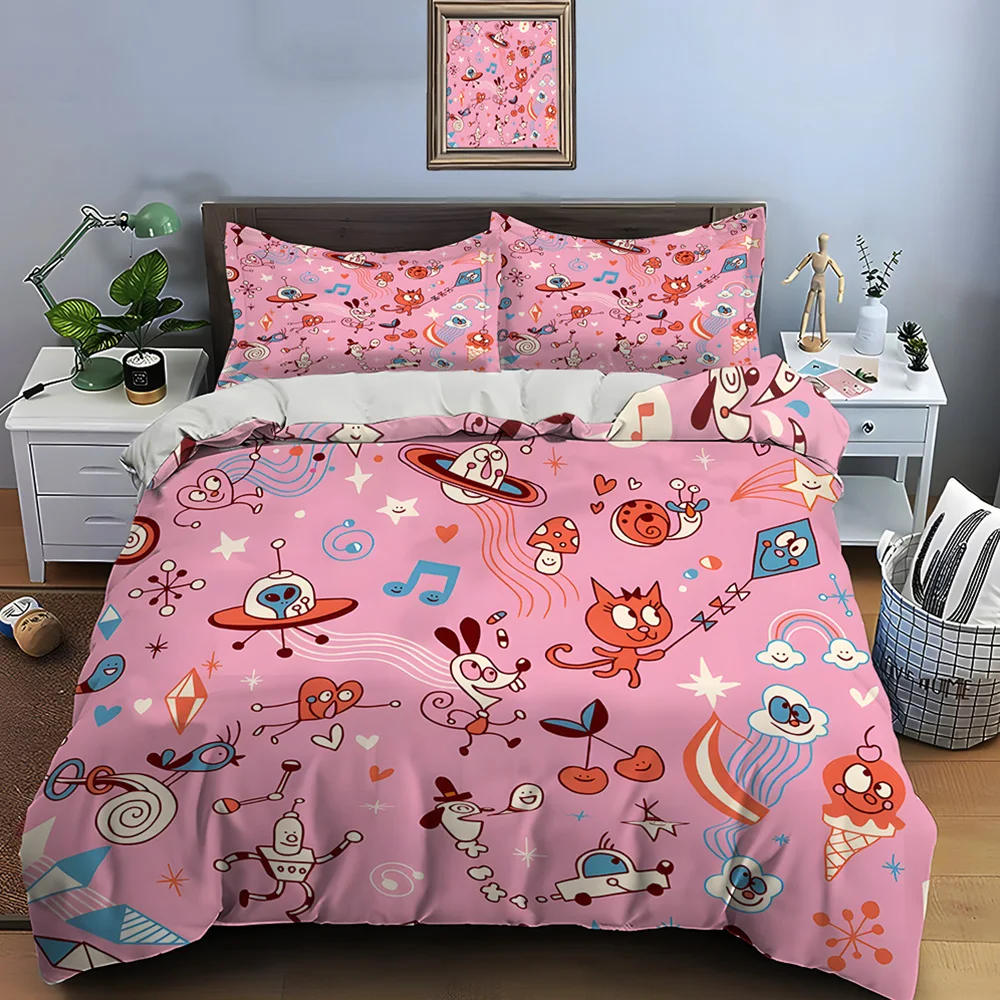 Cartoon Fun Doodles on Pink Background Bedding Set 1 Duvet Cover 2 Pillowcases for Adult and Children Luxury Gift Full Size