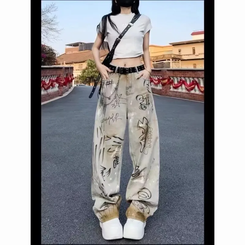 New American High-waisted Trendy Brand Washing Graffiti New Jeans Personalized Retro Straight Design Loose Floor Trousers