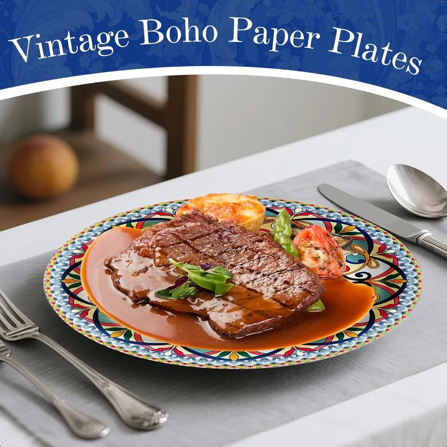 100PCS Boho Paper Plates 50×7 Inch 50×9 Inch  Bohemian Style  Plates Dert Party Dinner Plates Dinnerware Plate Set for Birthday