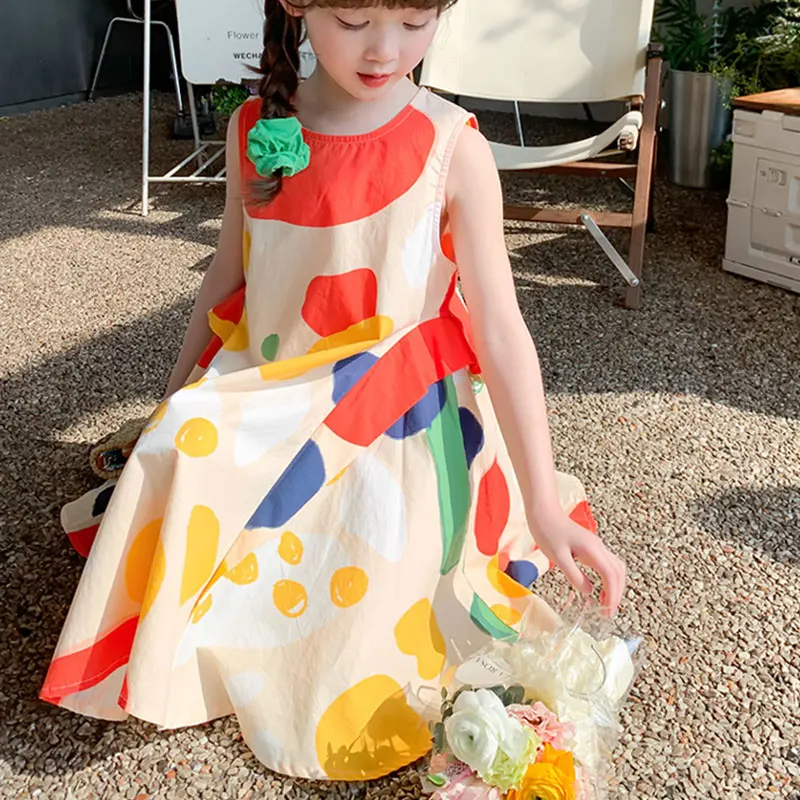 Elegant Fashion Harajuku Slim Fit Children Clothes Loose Casual All Match Sundress O Neck Printed Sleeveless Princess Dress