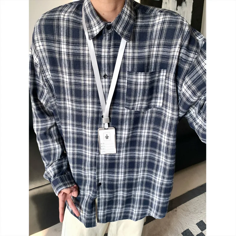

Autumn Long Sleeved Shirt Men Fashion Retro Plaid Shirts Men Japanese Streetwear Loose Casual Shirt Men Large Size 4XL