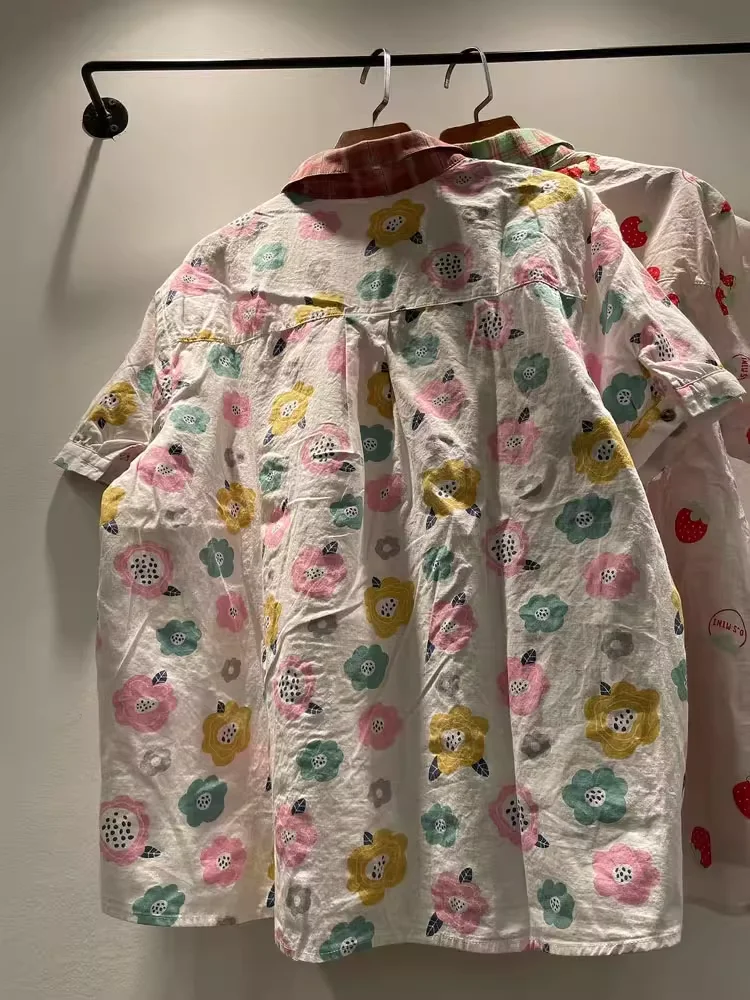 2025 ญี่ปุ่น vintage เสื้อผ้าผ้าฝ้าย 100% การ์ตูนผลไม้ลายสก๊อต patchwork เสื้อแขนสั้นผู้หญิงฤดูร้อนเสื้อผ้าน่ารัก
