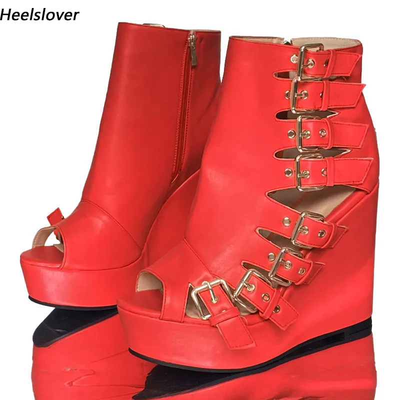 

Ahhlsion Real Pictures Женские сандалии на танкетке Искусственная кожа с пряжкой и открытым носком Красивые красные розовые туфли для вечеринок Женские размеры США 5-20