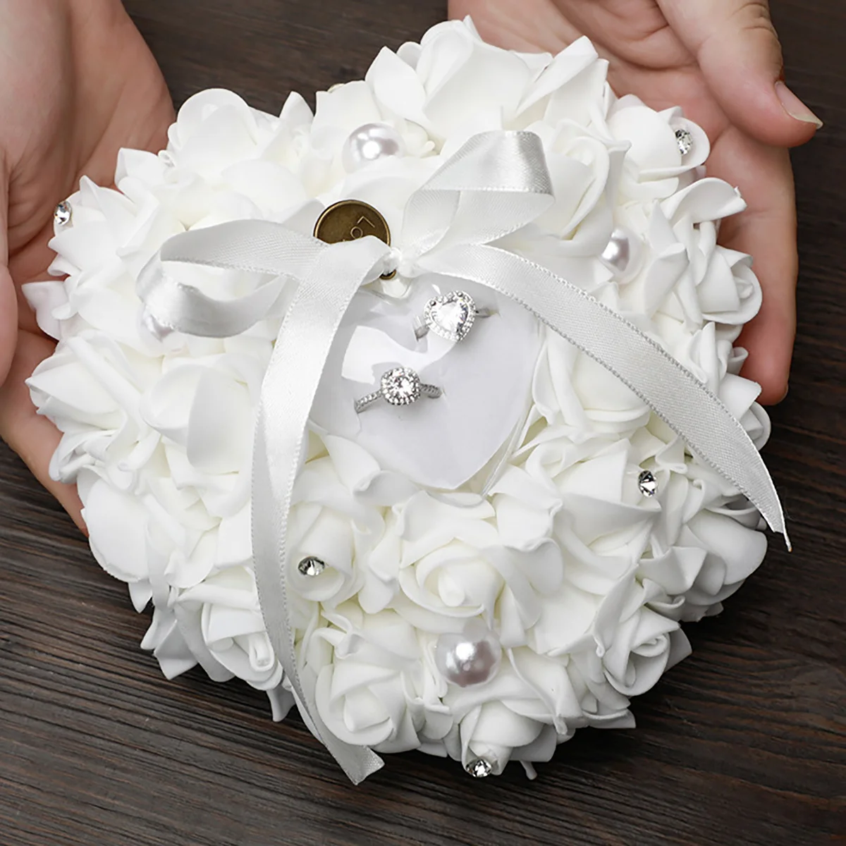 1pc Valentine's Day Ring Box Heart Shape Wedding Ring Pillow Pearl Rhinestone Wedding Ceremony Ring Holder for Ceremonies