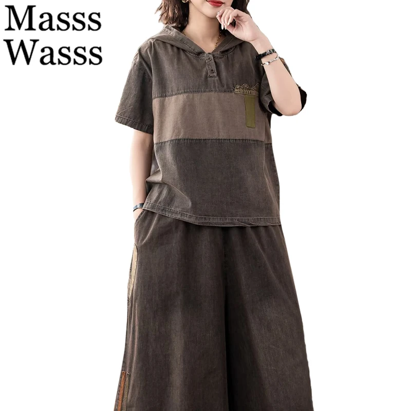 

Masss Wasss Summer Outfits Women Fitness Denim 2 Pieces Sets Fashion Suits Loose Hooded T-shirts Vintage Jeans Casual Wide Pants