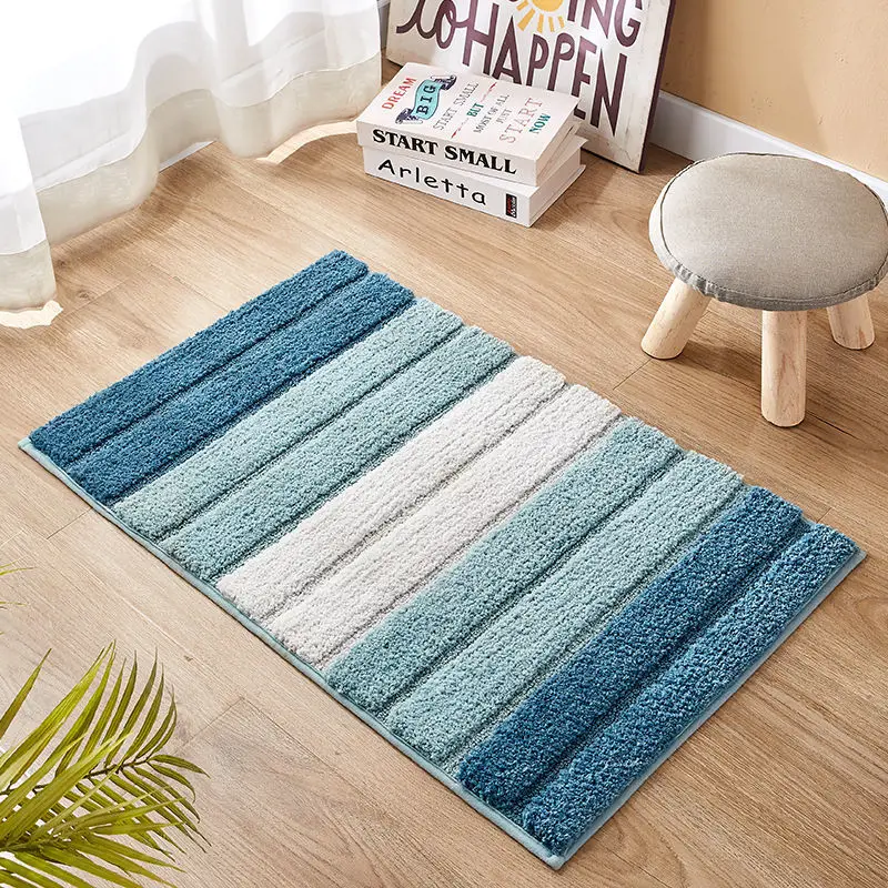 Striped Bathroom Mats Thickened Long Hair Floor Carpet Toilet Door Absorbent Bathroom Tub Mat Kitchen Rug Non-slip Foot Pad