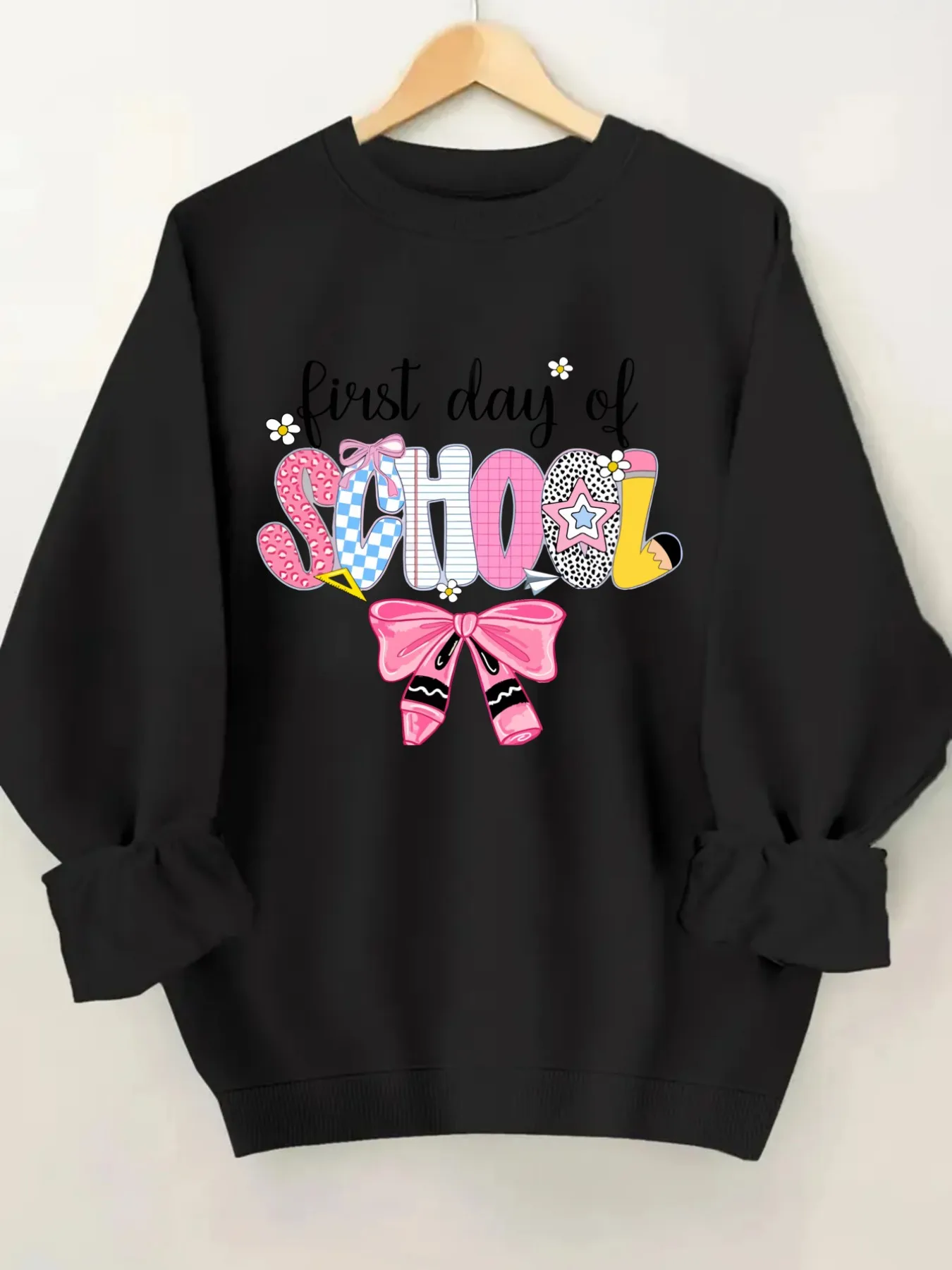 Women's Crew Neck Pullover Sweatshirt First Day School Design, Soft Casual Long Sleeve, Daily Casual Top Outfit, Winter Women's Clothing, Thanksgiving Outfit