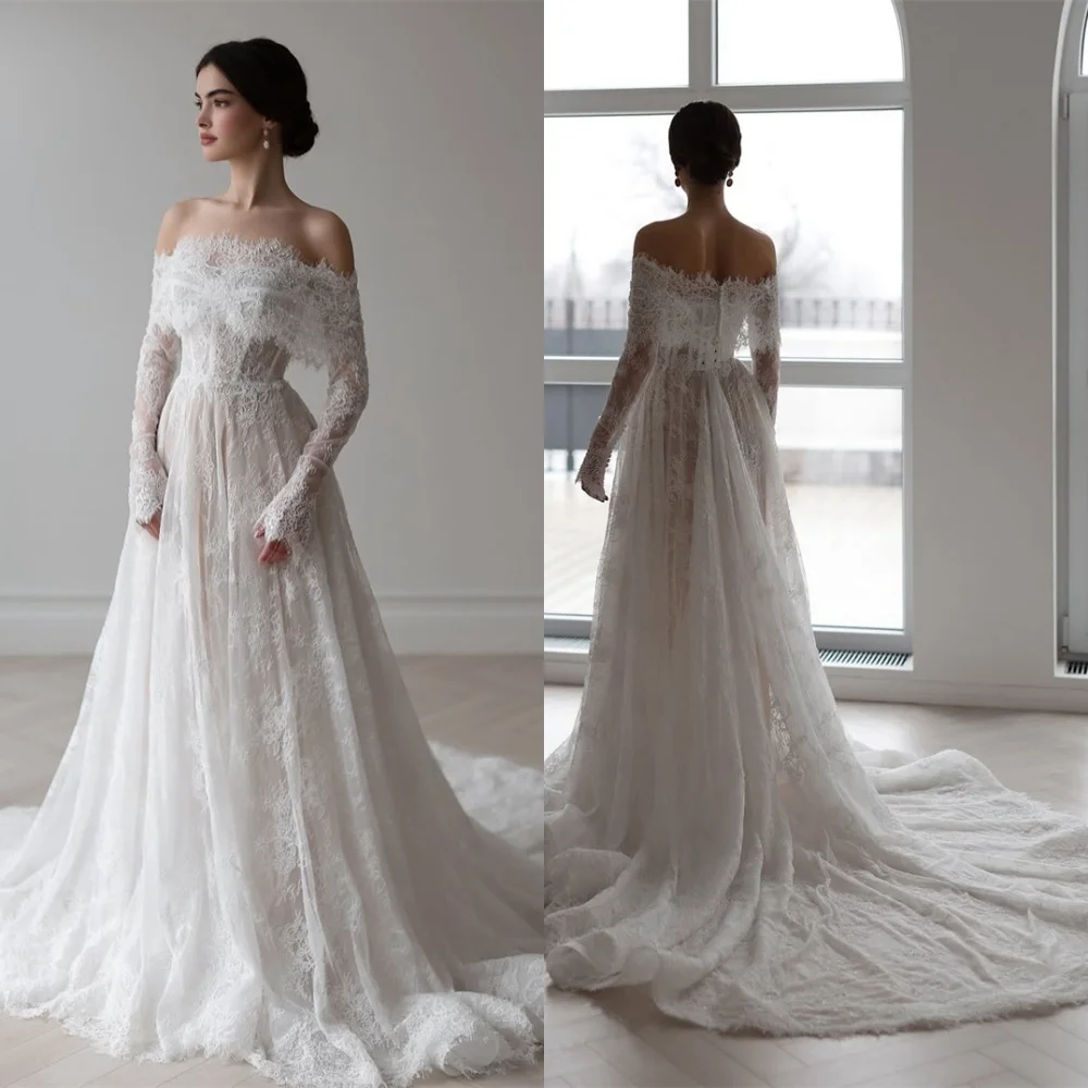 

Customized High Quality White Organza Wedding Dress Exquisite Boat Neck Long Sleeves Chapel Train Lace Backless Bridal Gowns