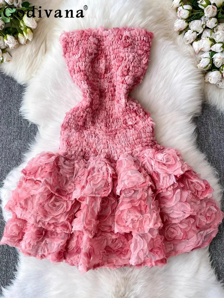 

Elegant Three-dimensional Flower Spring Summer Fairy Strapless Dress girl High Waist A-line Romantic Party Princess Cake Dresses
