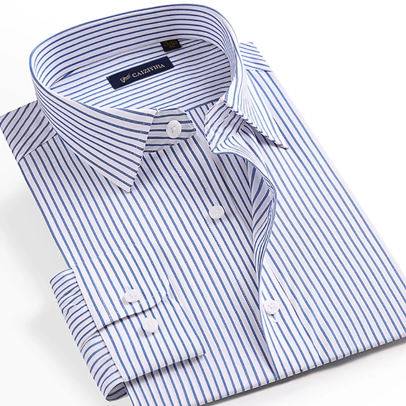 Camisa de algodón puro sin bolsillo para hombre, camisa de vestir a rayas sin hierro, de lujo, ajustada, de manga larga, para negocios y oficina