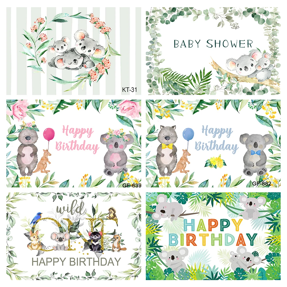 Koala Bear Birthday Party Backdrop Tropical Green Leaves Banner Decorations Photography Background Props Cake Table Decor